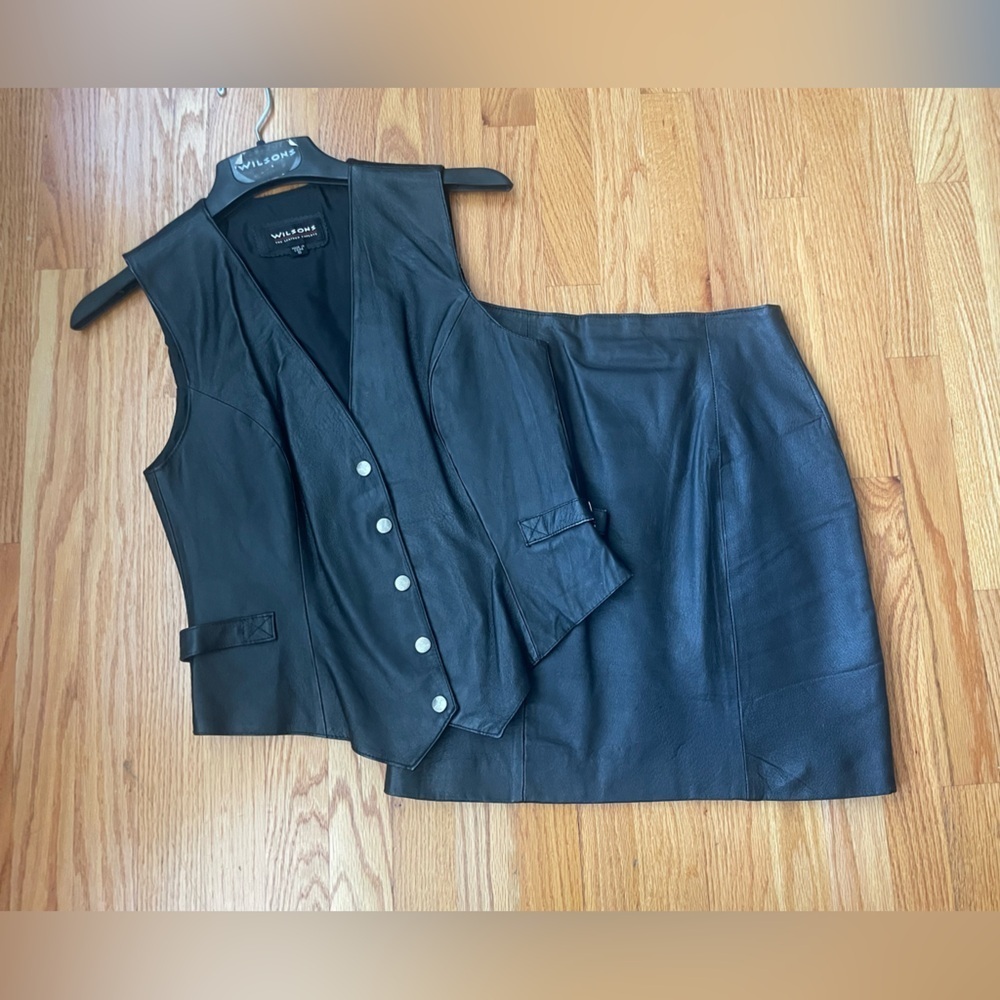 Wilsons Leather Vintage 100% Leather Black Vest and Skirt Set